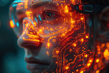 Obraz premium Human face adorned with glowing circuit patterns in a futuristic setting at night showcasing advanced technology