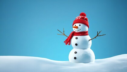 Fototapeta premium Cheerful snowman standing on a wintry blue background adorned with falling snowflakes and a festive ambiance. Created with generative AI technology