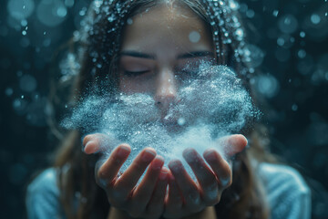 Fototapeta premium Young woman creates a magical ambiance with sparkling dust in her hands while surrounded by swirling particles