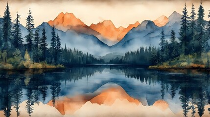 A painting of a mountain range with a lake in the foreground