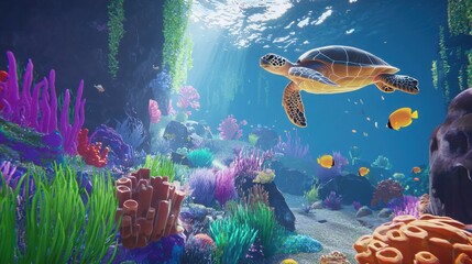 Naklejka premium A vibrant underwater scene featuring a sea turtle swimming amidst colorful coral reefs and tropical fish, showcasing the beauty of marine life.