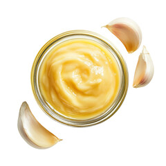 Extreme top view of a hyperrealistic Garlic sauce in a small glass bowl isolated on a white transparent background