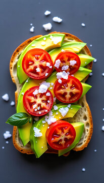 Avocado and Tomato Toast - Toasted bread topped with ripe avocado juicy tomatoes and a sprinkle of sea salt. background copyspace