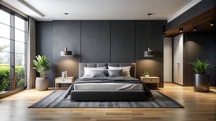 Spacious bedroom elegantly decorated in black