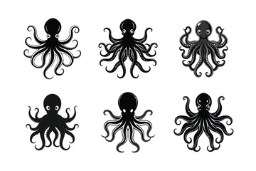 set of silhouettes of octopus