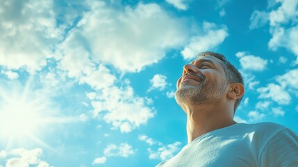 a happy and relaxed latin adult man breathing fresh air outdoors against blue sky and clouds
