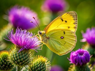 Drone Photography: Southern Dogface Butterfly on Thistle, Colias cesonia, Aerial View, Wildflower, Insect, Nature