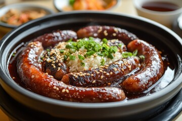 Sundae a classic Korean food is blood sausage made from steamed intestines filled with glutinous rice noodles and pork blood