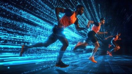 Obraz premium Runners sprinting with dynamic light effects depicting speed and energy in a nighttime setting