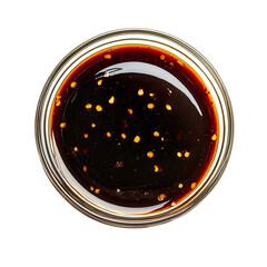 Extreme top view of a hyperrealistic Teriyaki sauce in a small glass bowl isolated on a white transparent background
