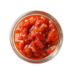 Extreme top view of a hyperrealistic Tomato chutney in a small glass bowl isolated on a white transparent background
