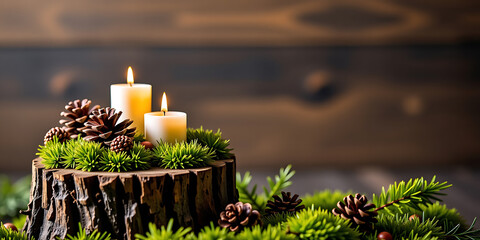 Tree Stump with Natural Christmas Décor - Moss pinecones and candles arranged artfully. backdrop background digital art crisp oilpinting minimalist sharp details funny background copyspace