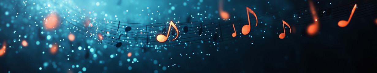Deep blue dark abstract musical notes background banner