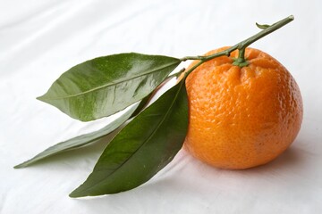 Fresh Orange with Green Leaf on White Background - Healthy Fruit Close-Up