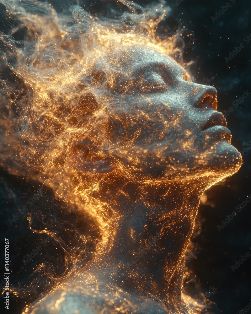 Poster dissolving head into glowing particles abstract concept digital art ethereal environment close-up vi