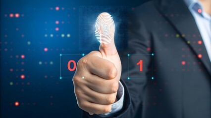 businessman pressing virtual button Businessman holding virtual fingerprint and binary code for internet access and biometric encryption for cybersecurity network and user security