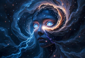 Swirling Galaxies Forming a Human Face in the Vastness of Space, Stars Flow Like Streams into the Eye Sockets, Luminous Neon And Glowing Shine Light Effects