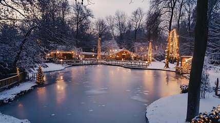 Fototapeta premium Winter Wonderland with Frozen Pond and Christmas Decorations