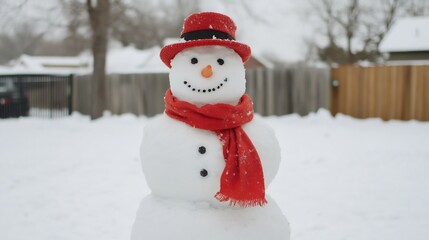 Obraz premium Whimsical Snowman in Snowy Winter Yard with Red Scarf and Hat