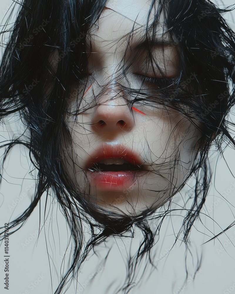Poster abstract art depicting dissolution of a face into static digital realm surreal environment close-up 
