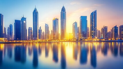 Obraz premium Dubai Marina Skyline at Sunrise: A Breathtaking Urban Panorama