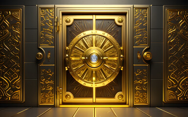 Obraz premium A digital D vault, with glowing golden edges and intricate patterns on its door