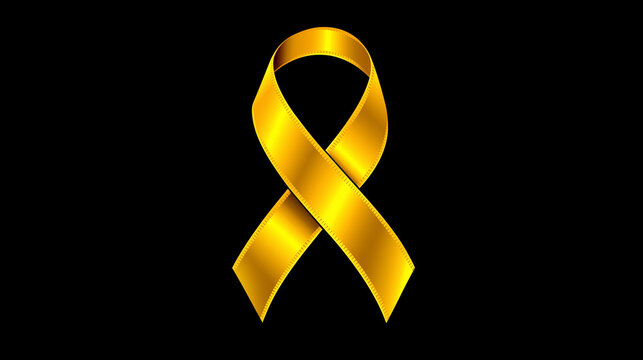 Yellow awareness ribbon symbol of hope and support isolated on black background