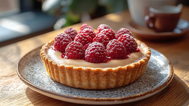 Indulge in decadent mocha mousse and raspberry tart in an elegant natural light setting