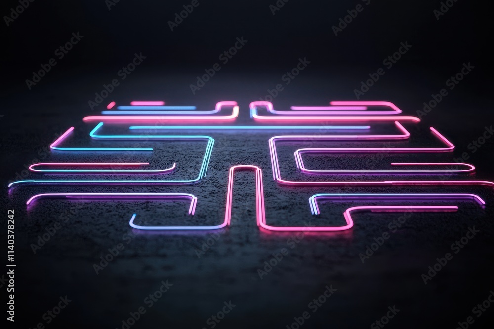 Poster a vibrant, illuminated maze design featuring intersecting neon lines on a dark background, creating 