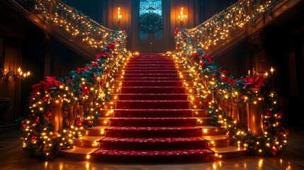 A staircase is lit up with Christmas lights and wreaths