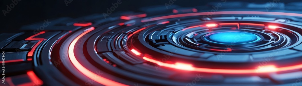 Poster a futuristic, abstract design featuring concentric circular patterns with glowing blue and red accen