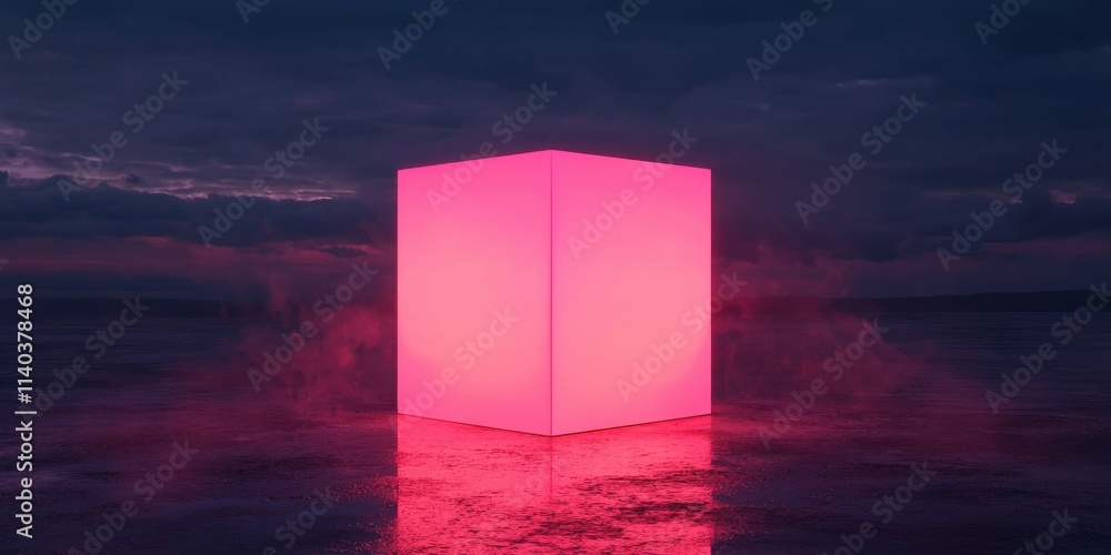 Poster a glowing pink cube stands in a reflective setting, surrounded by a moody atmosphere, creating an in