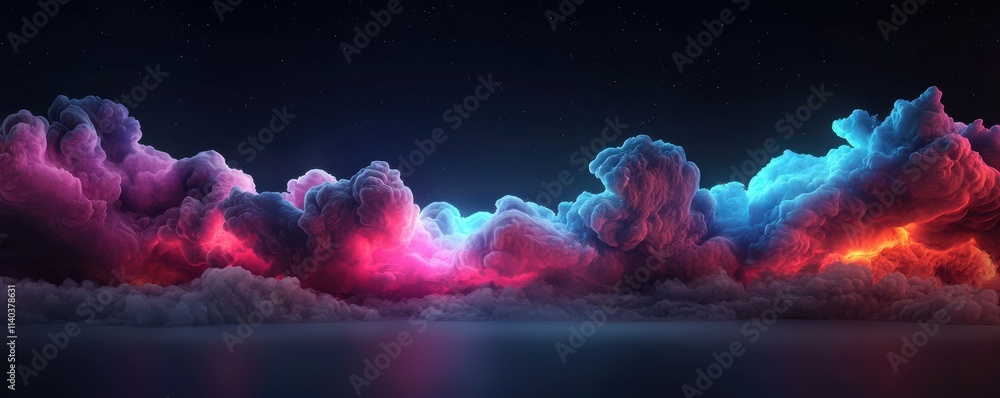 Poster a vibrant, surreal display of colorful clouds illuminated against a dark sky, creating a striking co