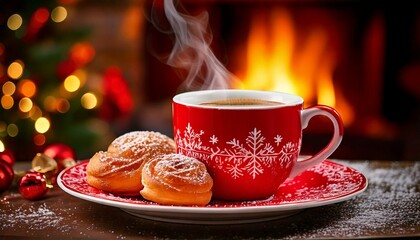 Gorąca kawa lub herbata w czerwonej, świątecznej filiżance, obok ptysie. W tle ogień w kominku i choinka.