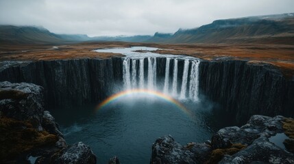 Fototapeta premium Cascading waterfall into the ocean with rainbow iceland nature scenic view vibrant landscape