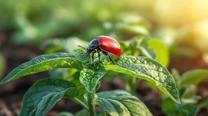 Red beetle on green leaf in sunlight.