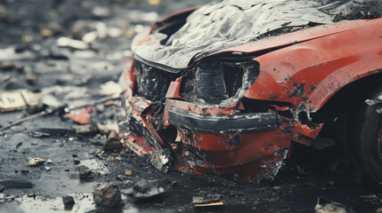 Obraz premium Crumpled red car front in wrecked state, showcasing damage and debris
