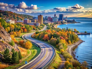 Obraz premium Duluth Minnesota Skyline Drive Scenic Route Aerial View, Lake Superior Coastal Highway Panorama