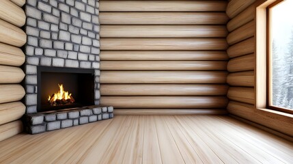 Fototapeta premium Cozy and Inviting Log Cabin Living Room with Stone Fireplace and Large Window Showcasing a Winter Landscape Outside for a Warm Atmosphere