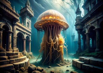 Dying Jellyfish: Architectural Photography, Ocean Depths,  Marine Life Crisis, Endangered Species, Abstract Art