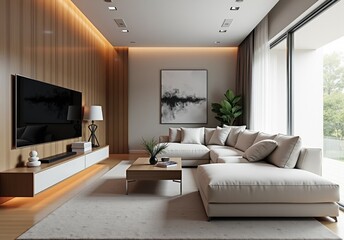 Contemporary room with large sectional sofa, lcd tv panel, neutral tones, and modern decor accents. Minimalist home interior design of modern living room