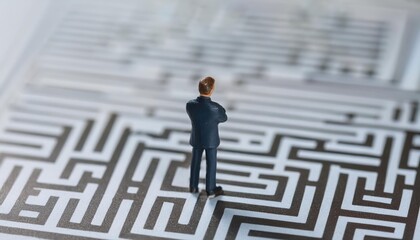 businessman stands facing a complex maze pattern, symbolizing challenges and decision-making in professional life