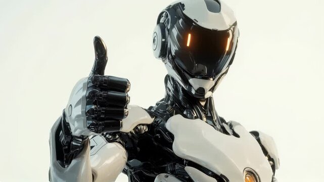 Futuristic humanoid robot with thumbs-up gesture for robotics, AI technology, and automation