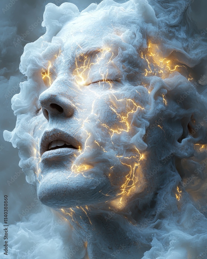 Poster abstract transformation of a face dissolving into static form studio digital art surreal close-up co