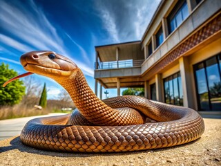 Fototapeta premium Eastern Australian Brown Snake Architectural Photography: Striking Reptile in Urban & Rural Settings