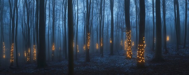 Winter Forest With Twinkling Christmas Lights On Trees 