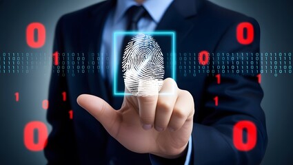 Businessman holding virtual fingerprint and binary code for internet access and biometric encryption for cybersecurity network and user security
