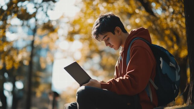 Young student studying outdoors nature photograph open air left side free for text