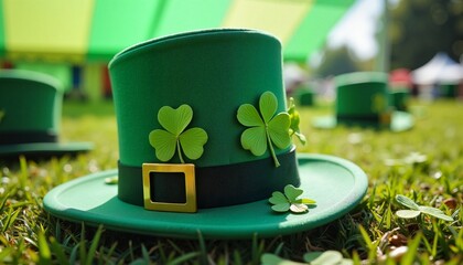 St. Patricks day, Close-up shot of Leprechaun hat with shamrocks, green festival tent