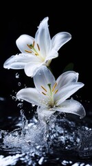 various lily flowers with beautiful splashes on black background